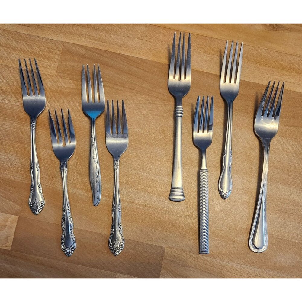 8- Mismatched Stainless Steel Forks Dinner & Salad Various Designs